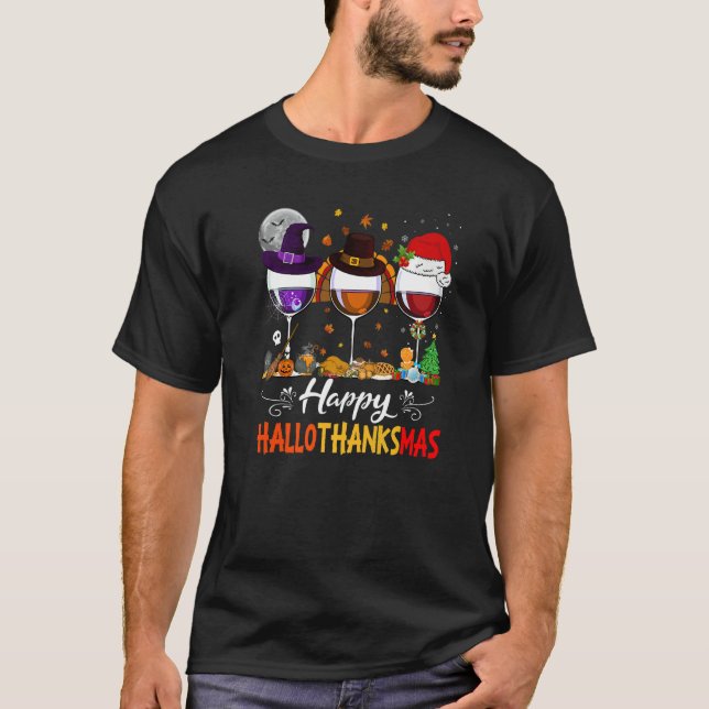 Camiseta Happy Hallothanksmas Wine Glasses Witch Santa Hat  (Anverso)