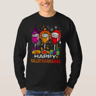 Camiseta Happy Hallothanksmas Wine Glasses Witch Santa Hat