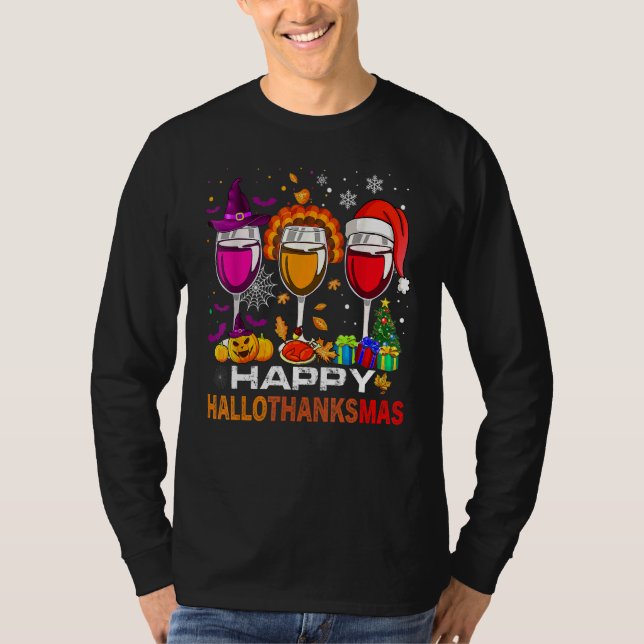 Camiseta Happy Hallothanksmas Wine Glasses Witch Santa Hat  (Anverso)