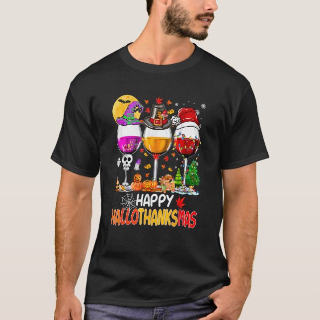 Camiseta Happy Hallothanksmas WIne Glasses Witch Santa Hat  (Anverso)