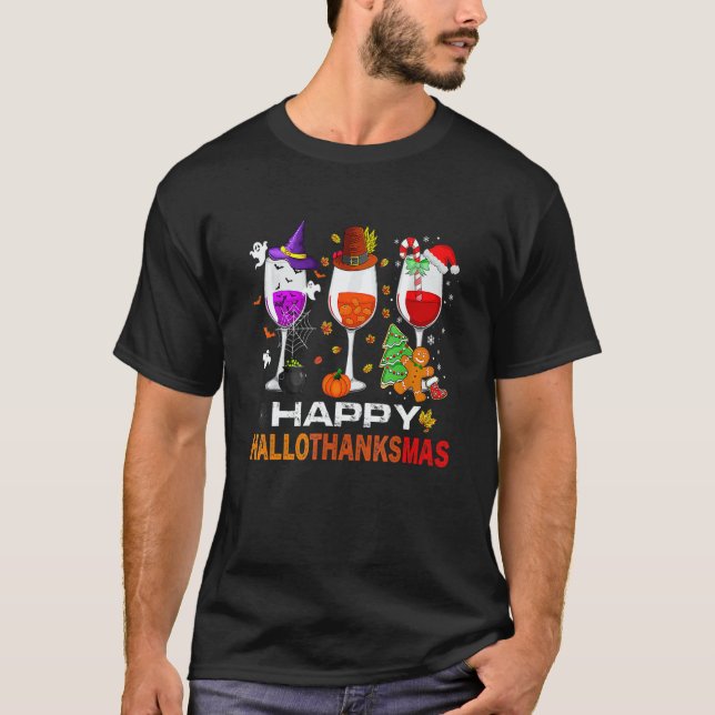 Camiseta Happy Hallothanksmas Wine Glasses Witch Santa Hat  (Anverso)
