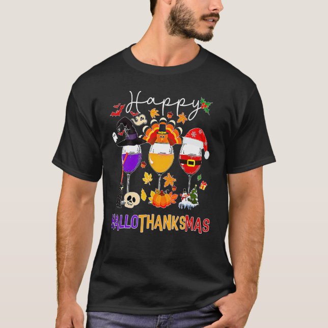 Camiseta Happy Hallothanksmas Wine Glasses Witch Santa Hat  (Anverso)