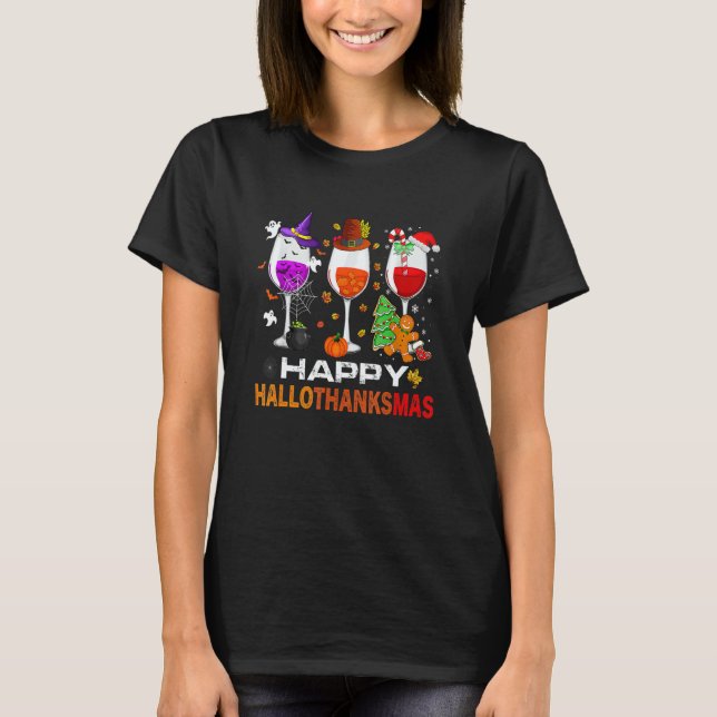 Camiseta Happy Hallothanksmas Wine Glasses Witch Santa Hat  (Anverso)