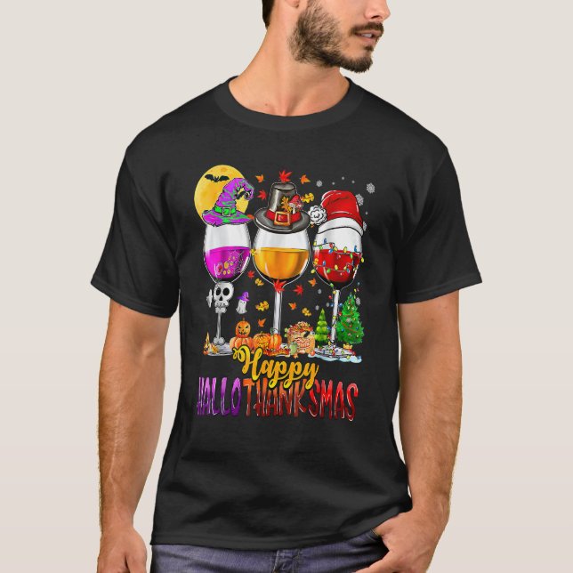 Camiseta Happy Hallothanksmas Wine Glasses Witch Santa Pump (Anverso)
