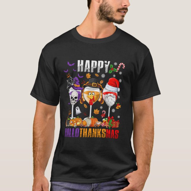 Camiseta Happy Hallothanksmas Wine Halloween Thanksgiving C (Anverso)