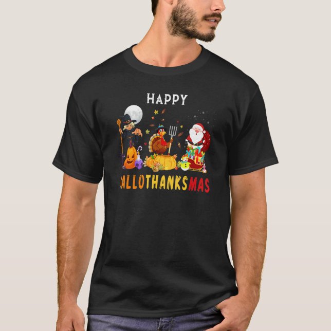 Camiseta Happy HalloThanksMas Witch Turkey Santa Three Holi (Anverso)