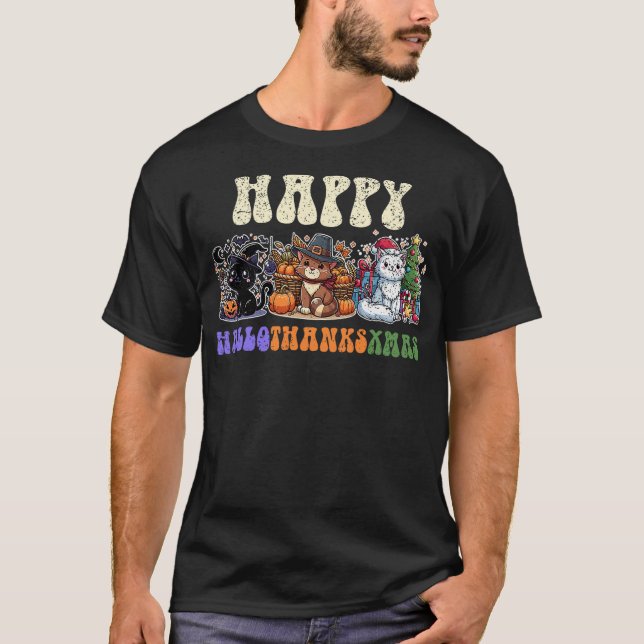 Camiseta Happy Hallothanksxmas Cat Halloween Thanksgiving C (Anverso)