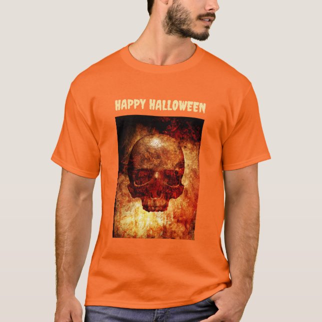 Camiseta Happy Halloween. 3D human skull. (Anverso)