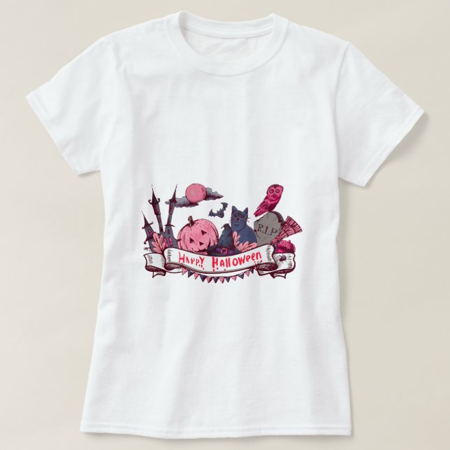 Camiseta Happy Halloween Banner with Castle, Pumpkin, Black (Diseño del anverso)