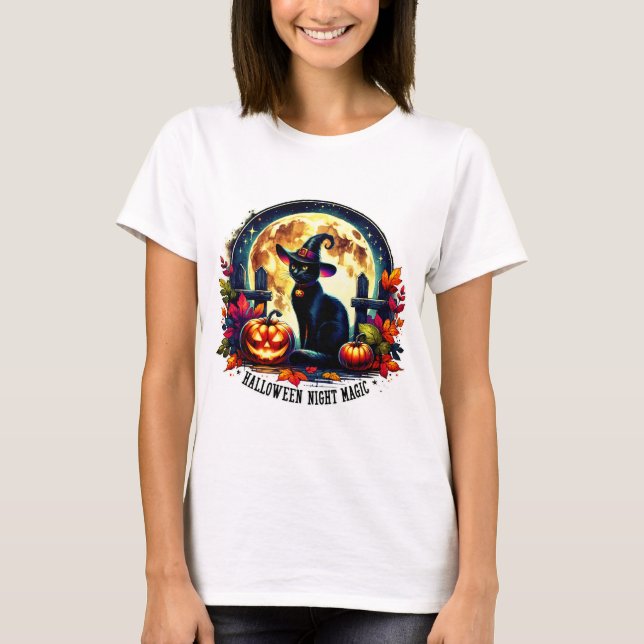 Camiseta "Happy Halloween" Black Cat & Moon Shirt (Anverso)