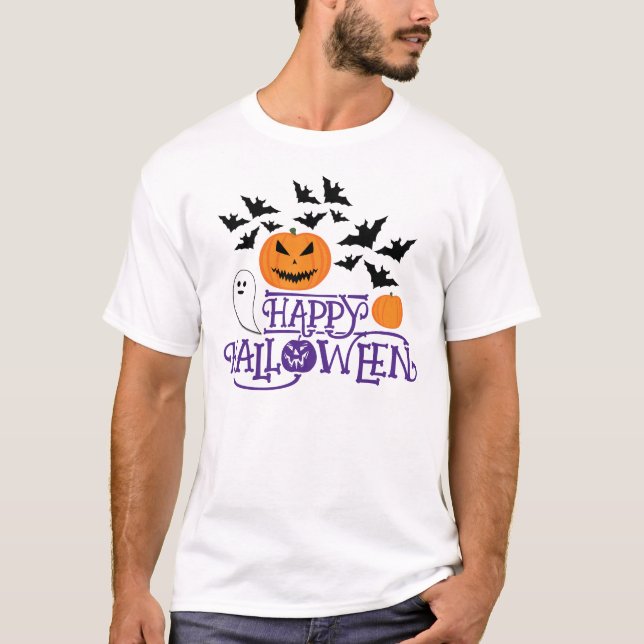 Camiseta Happy Halloween calabazas murciélagos fantasmas pú (Anverso)