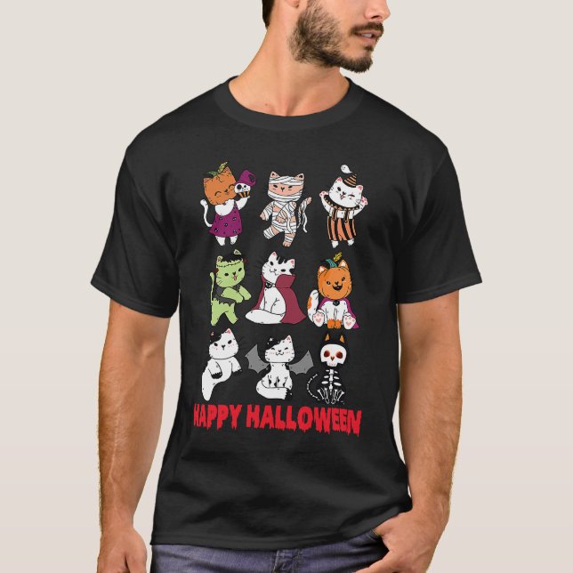 Camiseta Happy Halloween Cat Characters Mummy Dracula Bat S (Anverso)