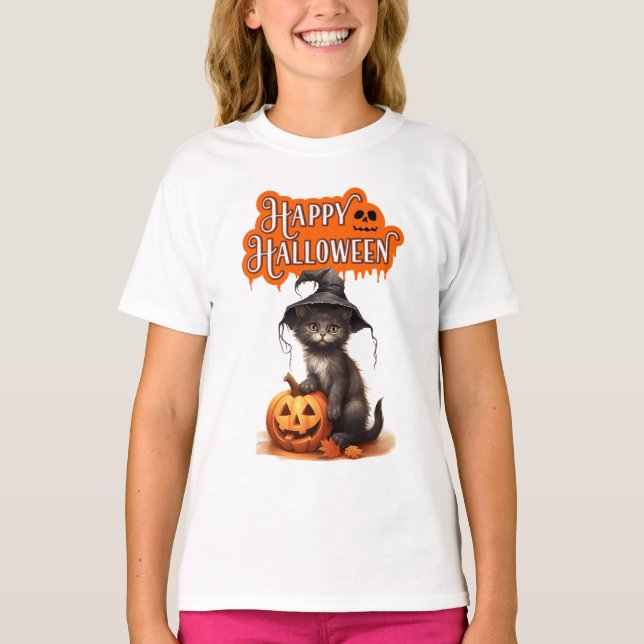Camiseta Happy Halloween Cat T-Shirt – Cute Black Cat Desig (Anverso)