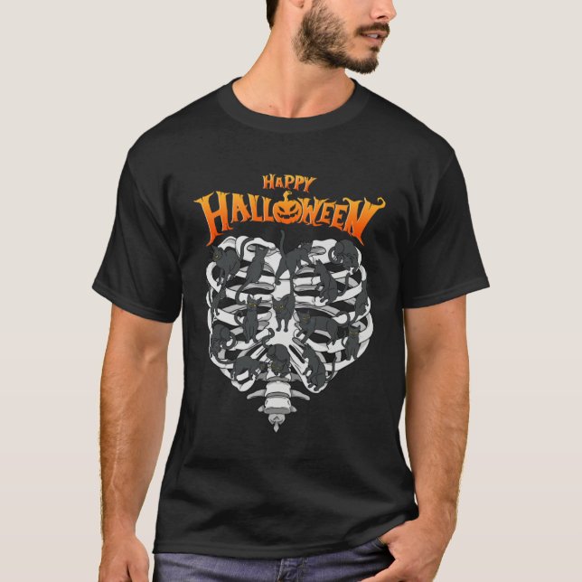 Camiseta Happy Halloween Cool Black Cats Humor Skeleton (Anverso)