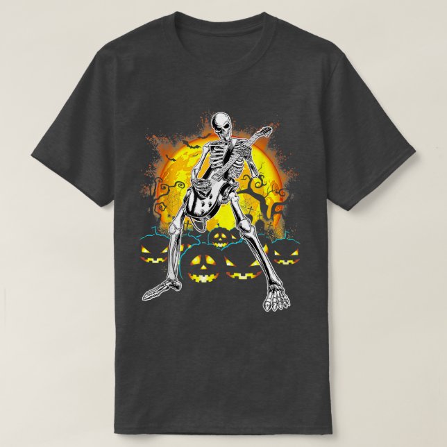 Camiseta Happy Halloween Funny Skeleton Playing Guitar Pump (Diseño del anverso)