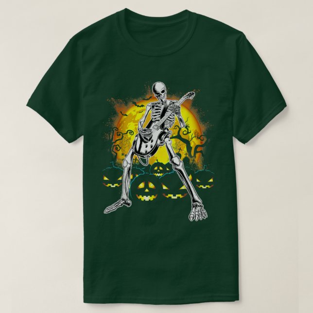 Camiseta Happy Halloween Funny Skeleton Playing Guitar Pump (Diseño del anverso)