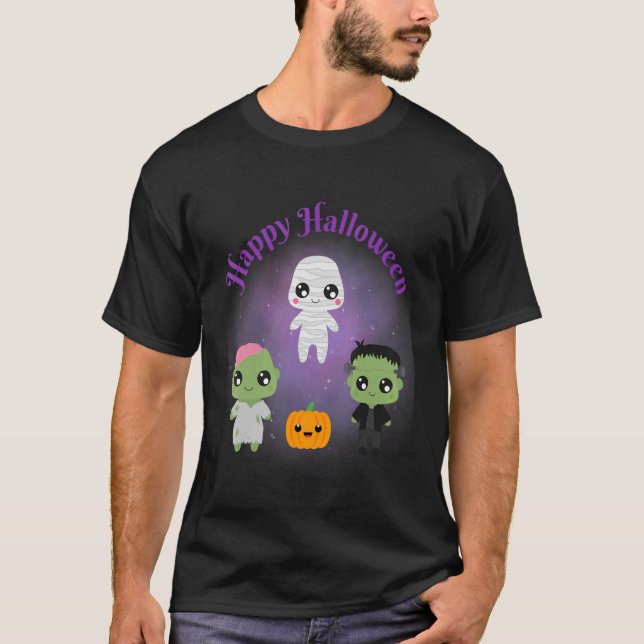 Camiseta Happy Halloween Monsters Mummy Frankenstein Zombie (Anverso)