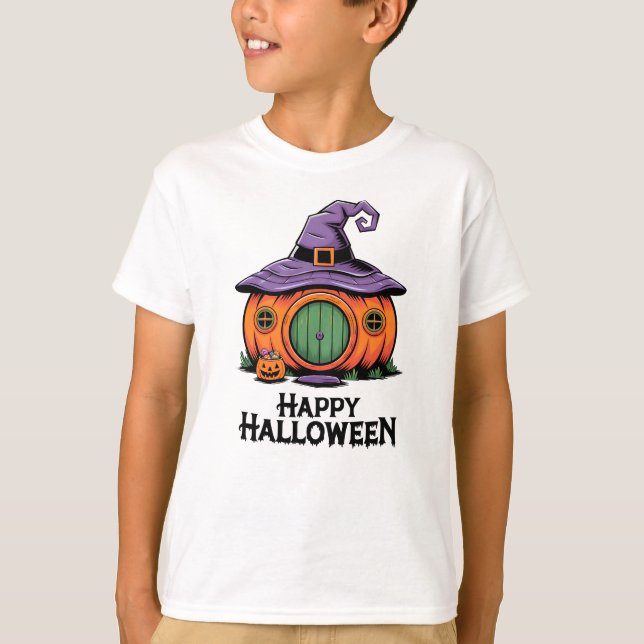 Camiseta Happy Halloween Pumpkin Cottage & Witch Hat Roof (Anverso)