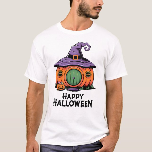 Camiseta Happy Halloween Pumpkin Cottage & Witch Roof Hat (Anverso)