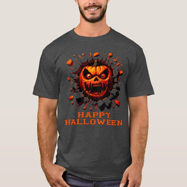 Camiseta Happy Halloween Pumpkin Smashing Through T-Shirt (Anverso)