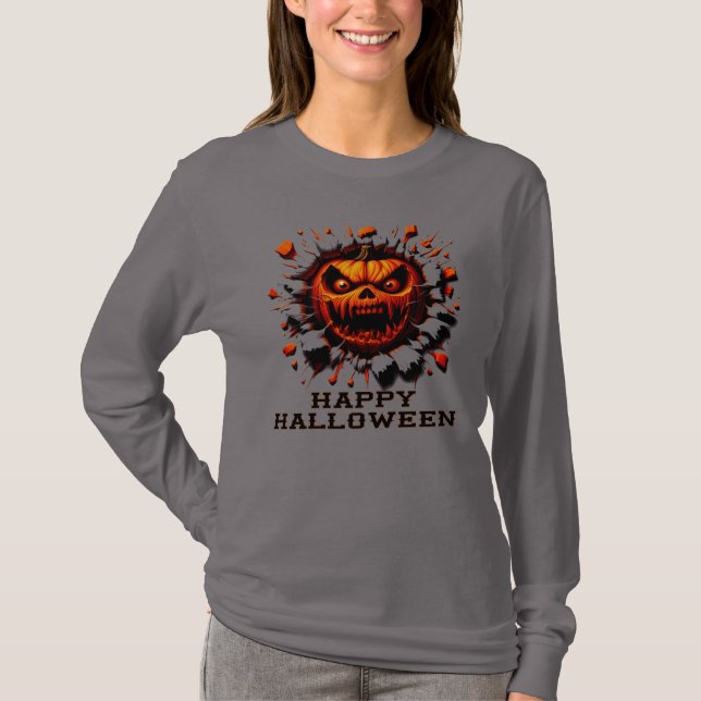 Camiseta Happy Halloween Pumpkin Smashing Through T-Shirt (Anverso)