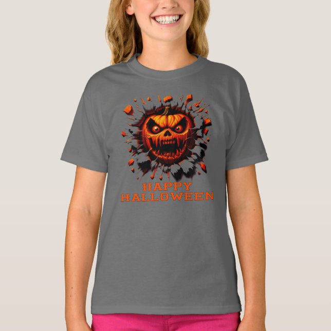 Camiseta Happy Halloween Pumpkin Smashing Through T-Shirt (Anverso)
