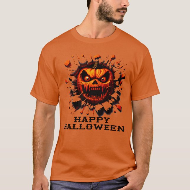 Camiseta Happy Halloween Pumpkin Smashing Through T-Shirt (Anverso)