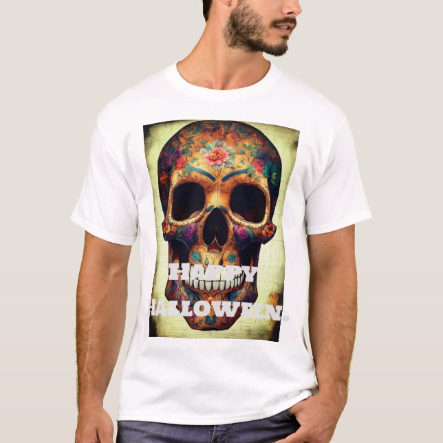 Camiseta "Happy Halloween Skeleton Print T-Shirt. (Anverso)