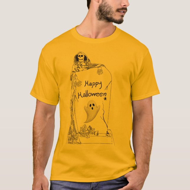 Camiseta Happy Halloween – Spooky Skeleton and Ghost Design (Anverso)