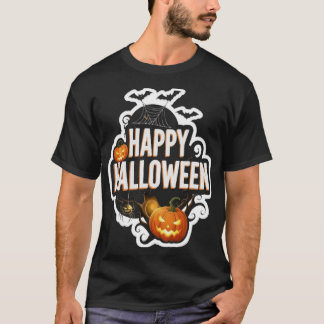Camiseta Happy Halloween text with spooky pumpkins bats and