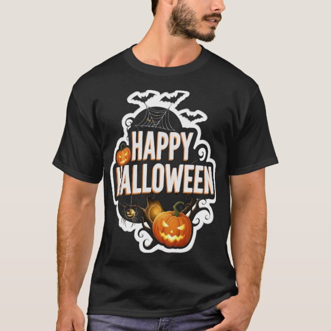 Camiseta Happy Halloween text with spooky pumpkins bats and (Anverso)