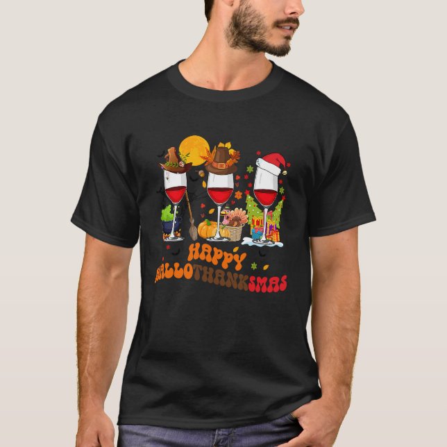 Camiseta Happy Halothanksmas Wine Glasses Drinking  Christm (Anverso)