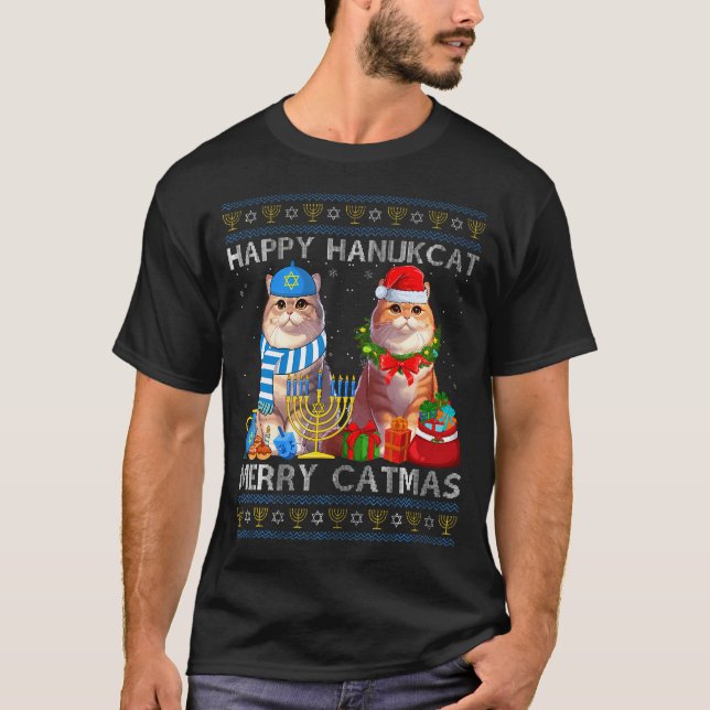 Camiseta Happy Hanukcat Merry Catmas Ugly Christmas Chanuka (Anverso)