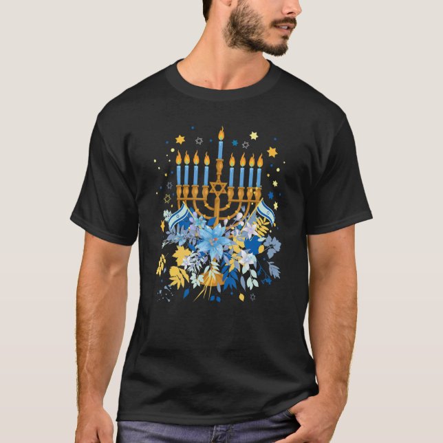 Camiseta Happy Hanukkah Floral Chanukah Menorah Matching Fa (Anverso)