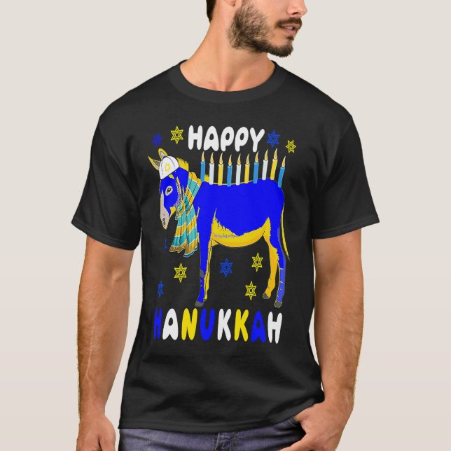 Camiseta Happy Hanukkah Menorah Donkey Wearing Jewish Hat F (Anverso)