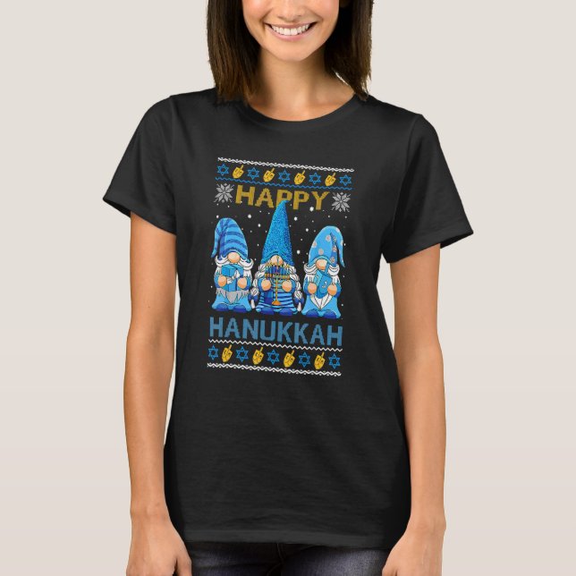 Camiseta Happy Hanukkah Ugly Christmas Gnome Gnomies Menora (Anverso)