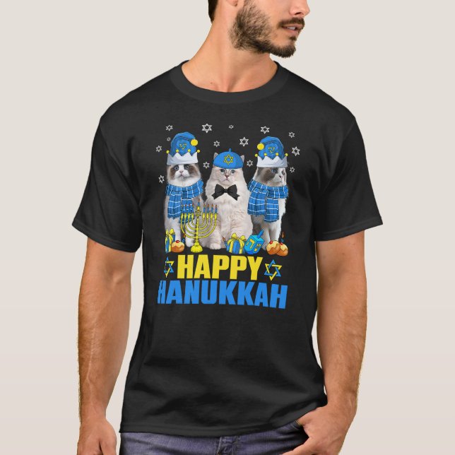 Camiseta Happy Hanukkat Ragdoll Cat Menorah Dreidel Hanukka (Anverso)