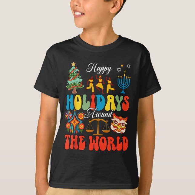Camiseta Happy Holidays Around World Christmas Hanukkah Diw (Anverso)