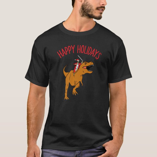 Camiseta Happy Holidays Jesus Riding Tyrannosaurus Rex Jesu (Anverso)
