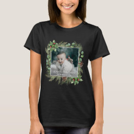 Camiseta Happy Holidays Photo Wreath Greenery 