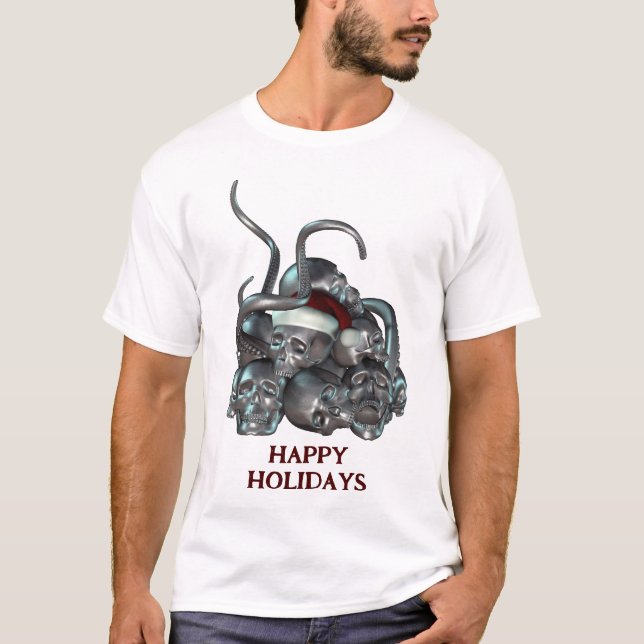 Camiseta Happy Holidays. Skull pile and tentacles (Anverso)