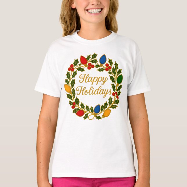 Camiseta Happy Holidays Wreath Christmas Lights and Holly (Anverso)