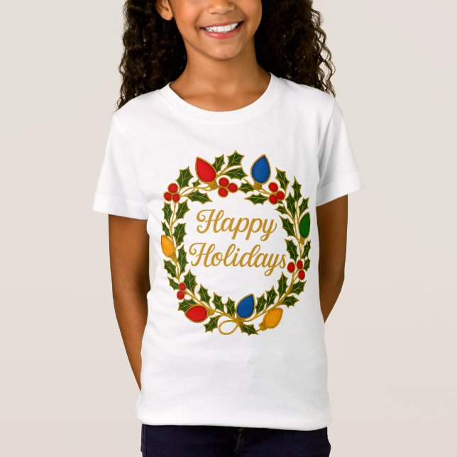Camiseta Happy Holidays Wreath Christmas Lights and Holly (Anverso)