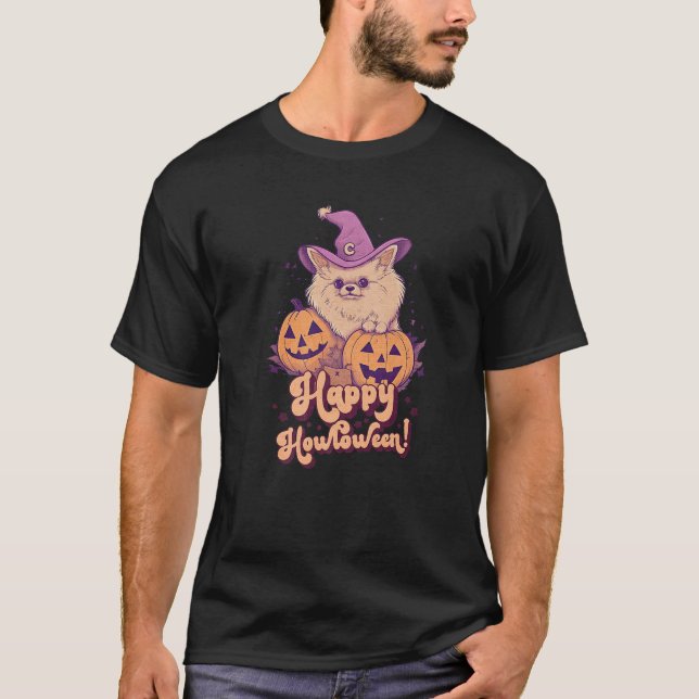 Camiseta Happy Howl O Ween Funny Pun Pomeranian Dog Hallowe (Anverso)