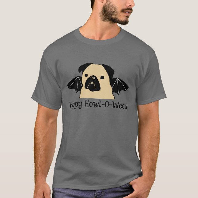 Camiseta Happy Howl-O-Ween Pug con Bat Wings (Anverso)