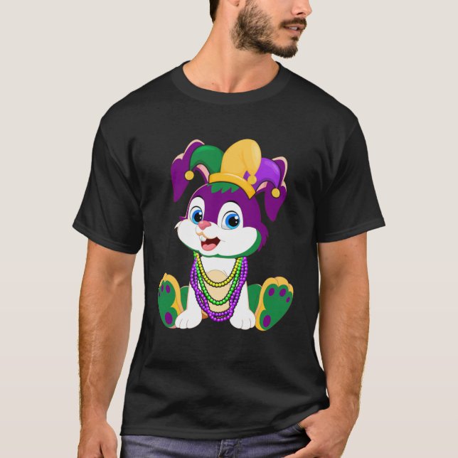 Camiseta Happy Mardi Gras Cute Bunny Wearing Beads Jester H (Anverso)