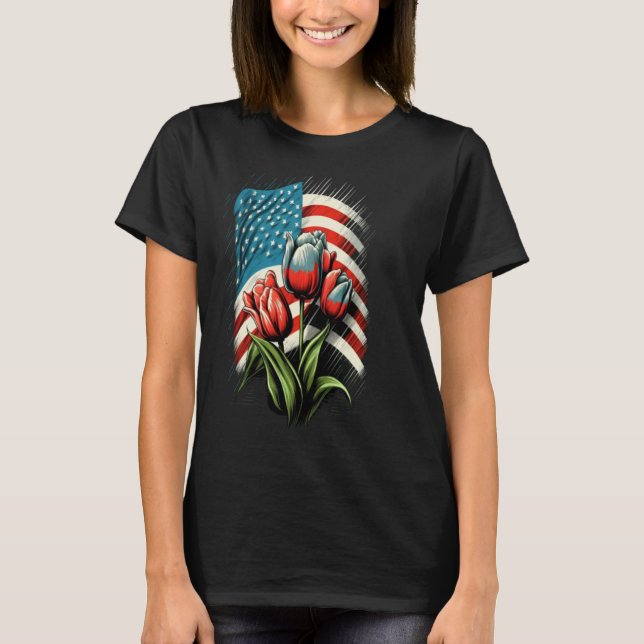 Camiseta Happy Memorial Day Tulips Flower American Flag 4th (Anverso)