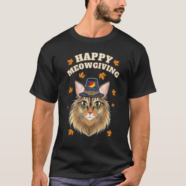 Camiseta Happy Meowgiving Cats Leaves Turkey Thanksgiving F (Anverso)