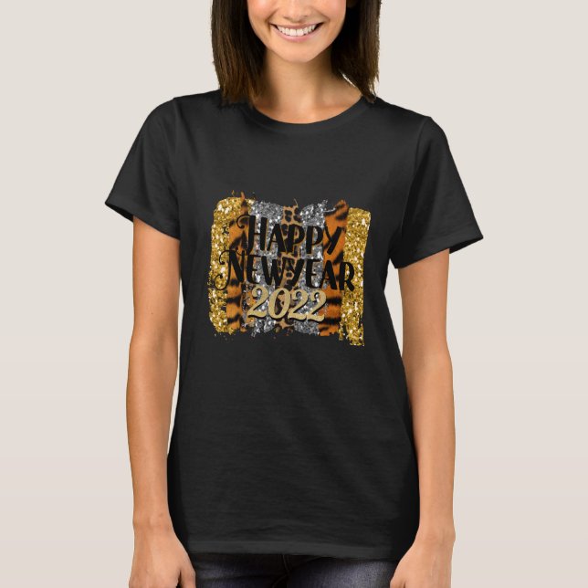 Camiseta Happy New Year 2022 Glitter Gold and Leopard Print (Anverso)