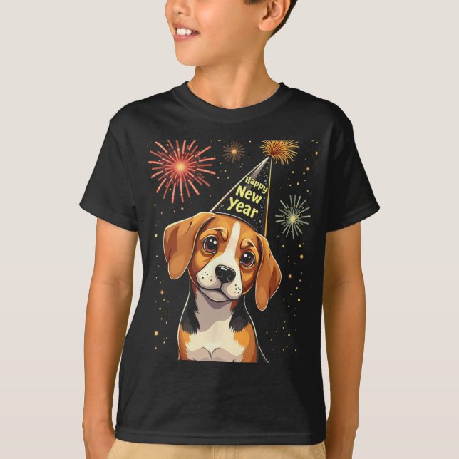 Camiseta Happy New Year 2025 Eve Firework Dog Funny Beagle  (Anverso)